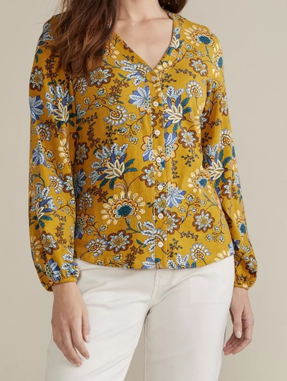 EUC Soft Surroundings Mustard Floral Button-Front Blouse Size 2X